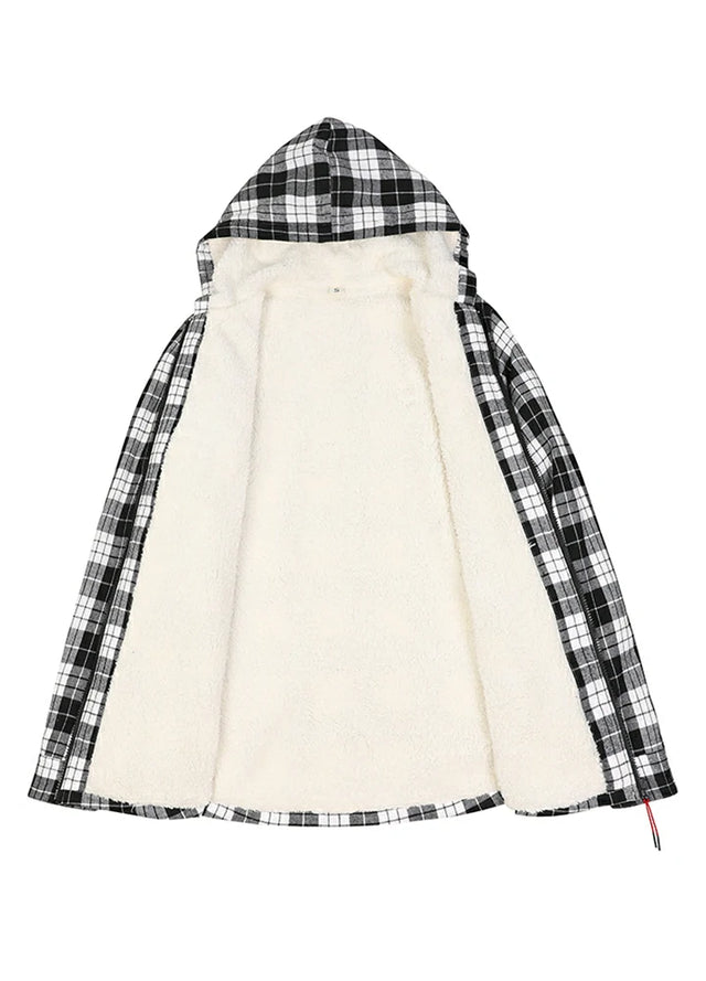 Open view of a women's warm sherpa-lined black white plaid flannel hooded