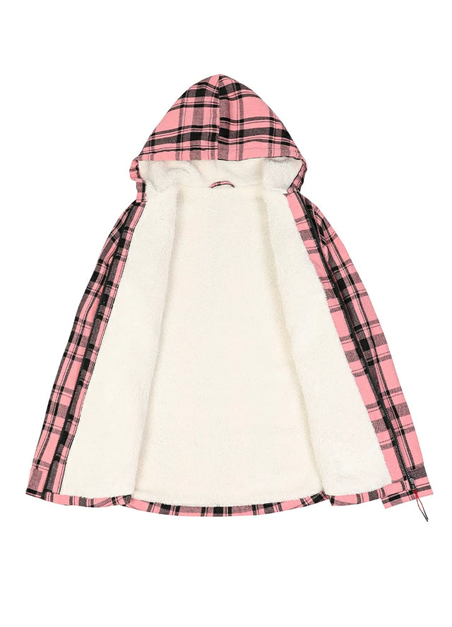 Open view of a women's warm sherpa-lined pink plaid flannel hooded