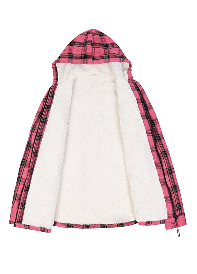 Open view of a women's warm sherpa-lined rose red plaid flannel hooded