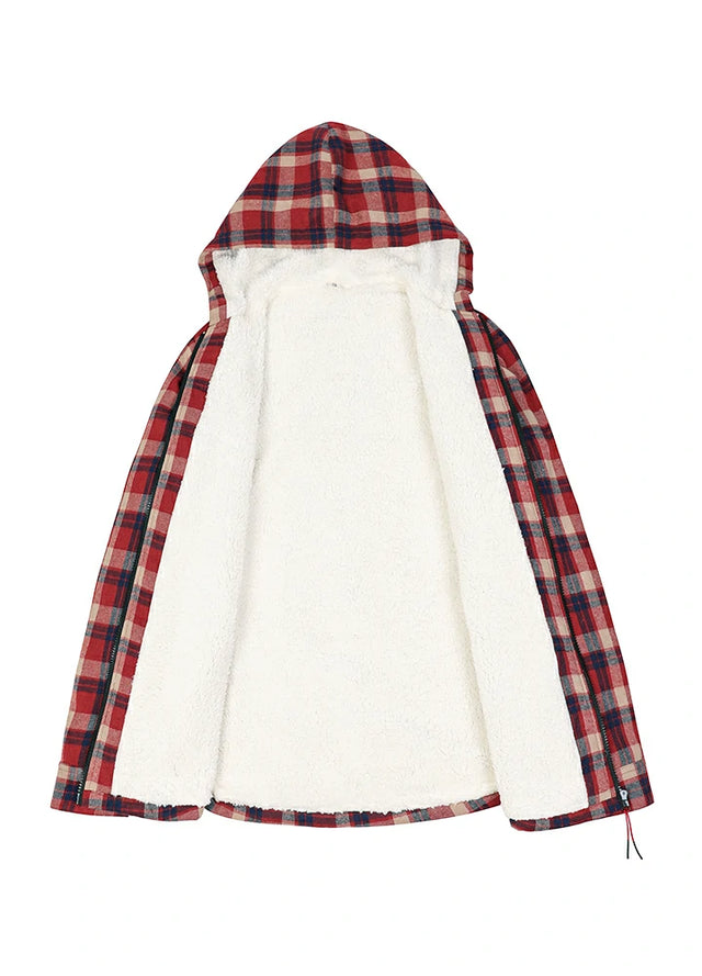 Open view of a women's warm sherpa-lined burgundy plaid flannel hooded