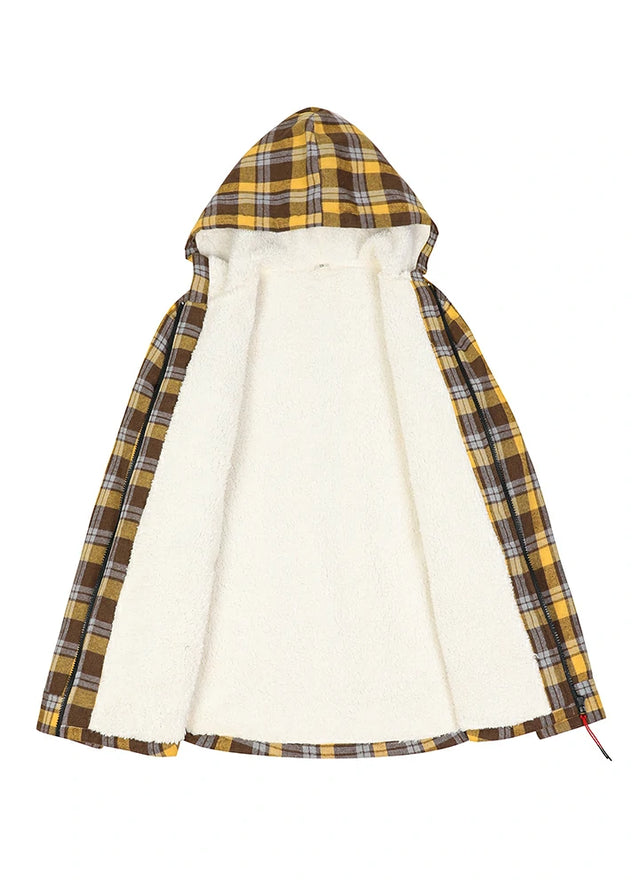 Open view of a women's warm sherpa-lined yellow plaid flannel hooded