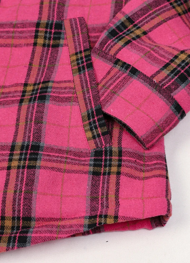 Zoomed-in of women's zip-up rose red plaid hooded jacket hand pocket