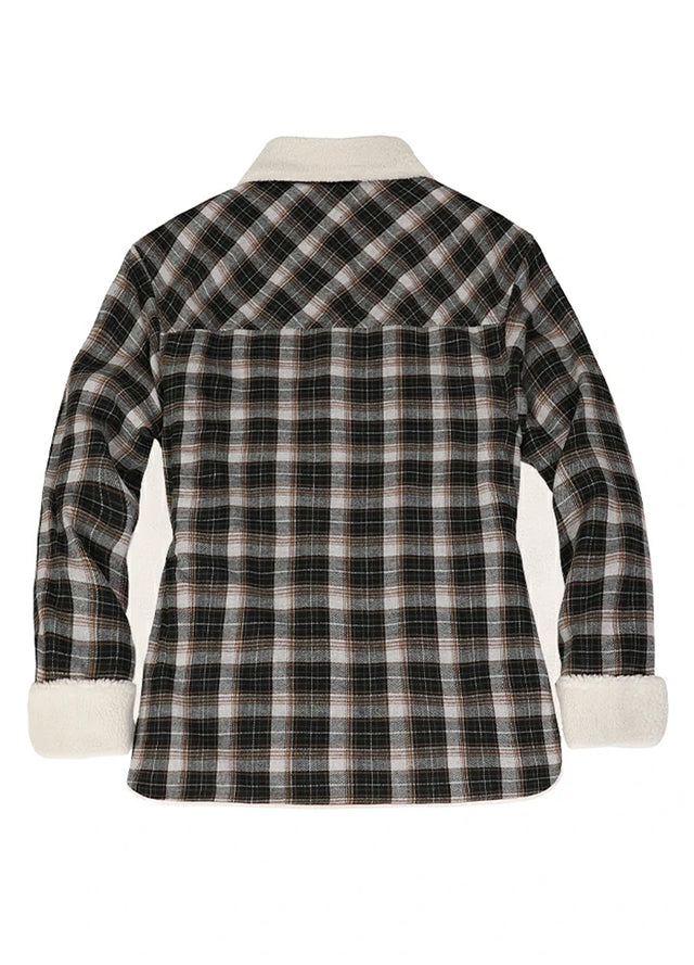 Back view of a women's button-up black plaid flannel shirt jacket