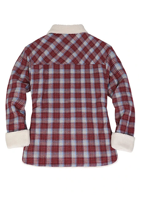 Back view of a women's button-up burgundy plaid flannel shirt jacket