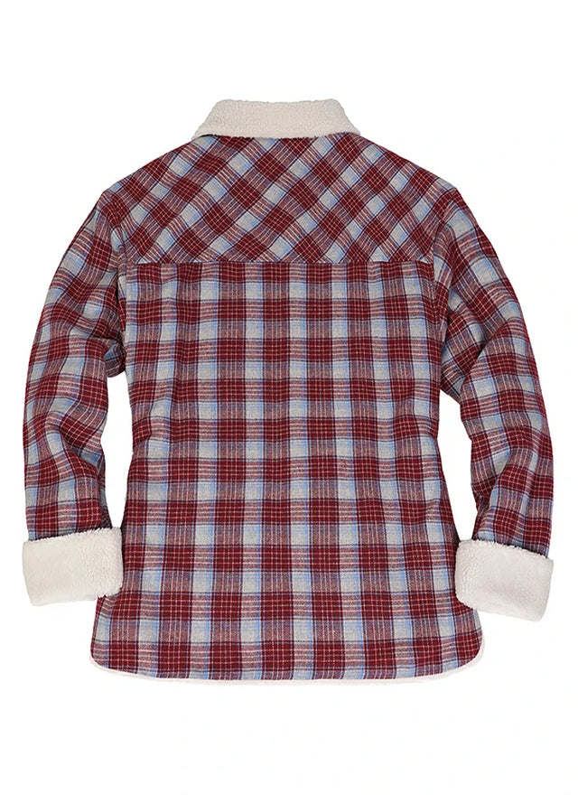 Back view of a women's button-up burgundy plaid flannel shirt jacket