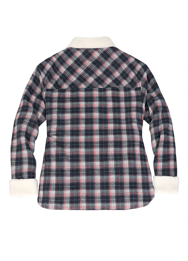 Back view of a women's button-up navy pink plaid flannel shirt jacket