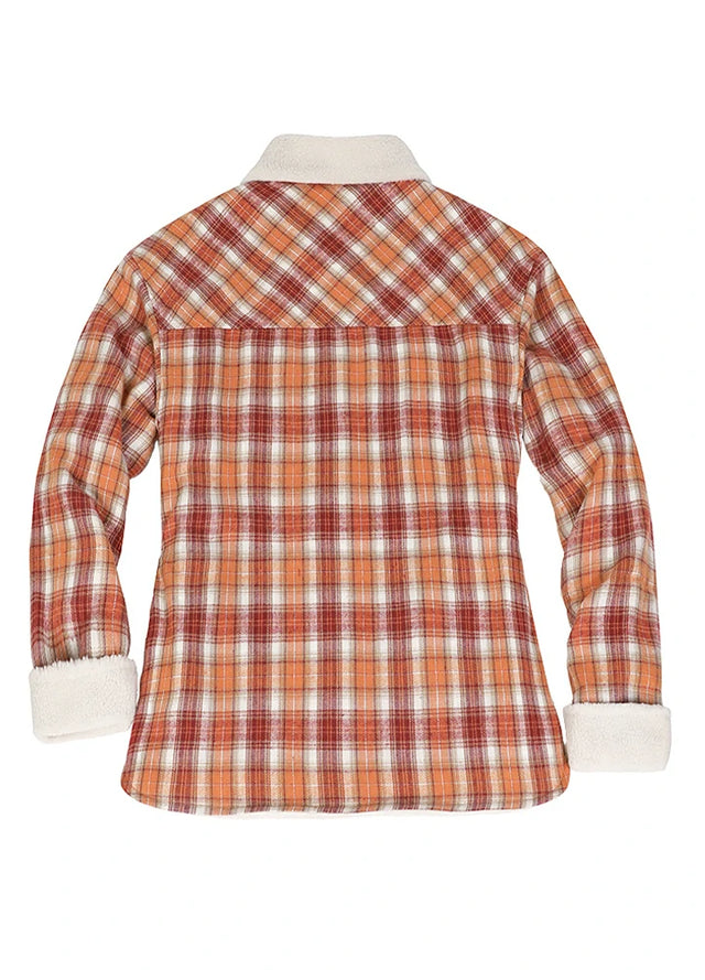 Back view of a women's button-up orange plaid flannel shirt jacket