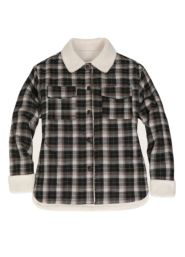 Front view of a women's fleece lined black plaid flannel jacket