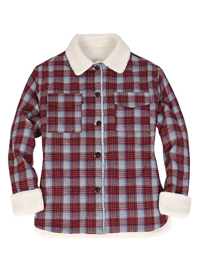 Front view of a women's fleece lined burgundy plaid flannel jacket
