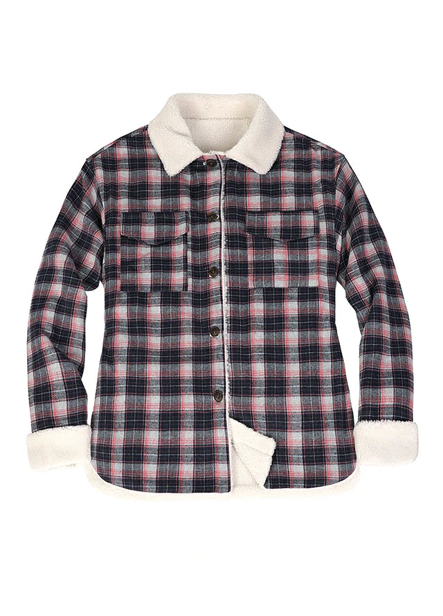 Front view of a women's fleece lined navy pink plaid flannel jacket