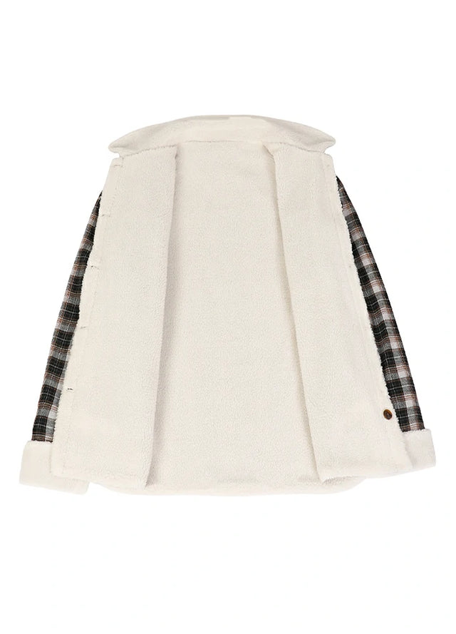 Open view of a women's warm fleece-lined black flannel shacket