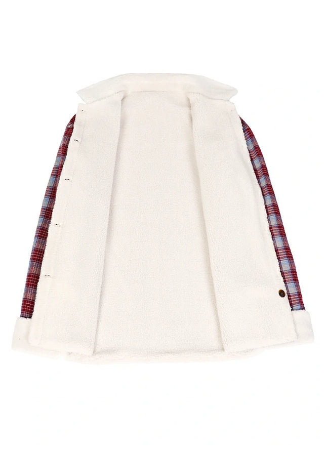 Open view of a women's warm fleece-lined burgundy flannel shacket