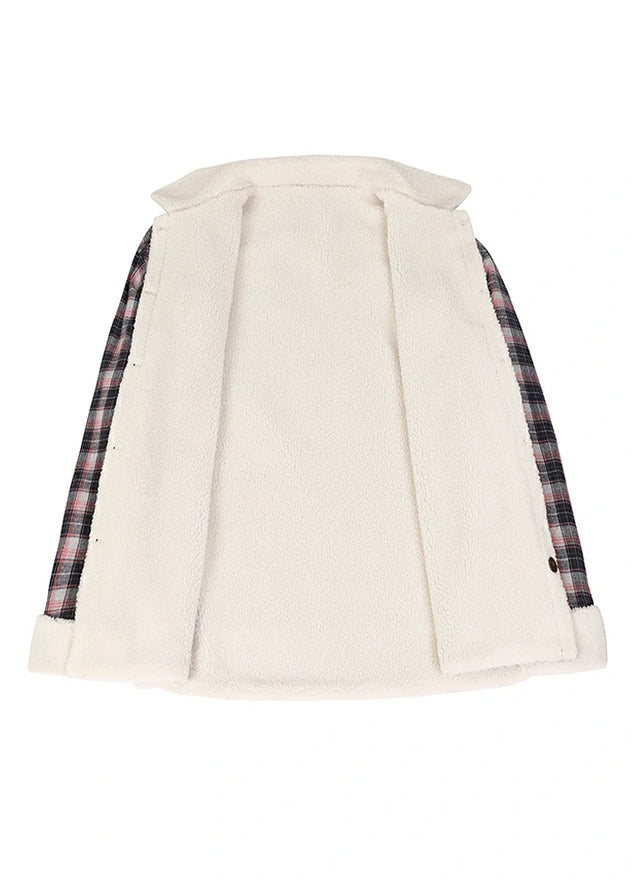 Open view of a women's warm fleece-lined navy pink flannel shacket