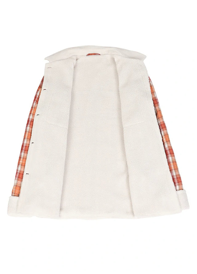 Open view of a women's warm fleece-lined orange flannel shacket