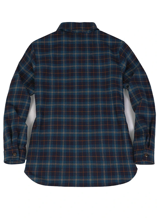 Back view of a blue navy women's casual quarter zip flannel shirt