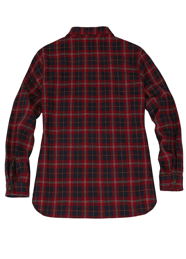 Back view of a red and navy women's quarter zip flannel shirt