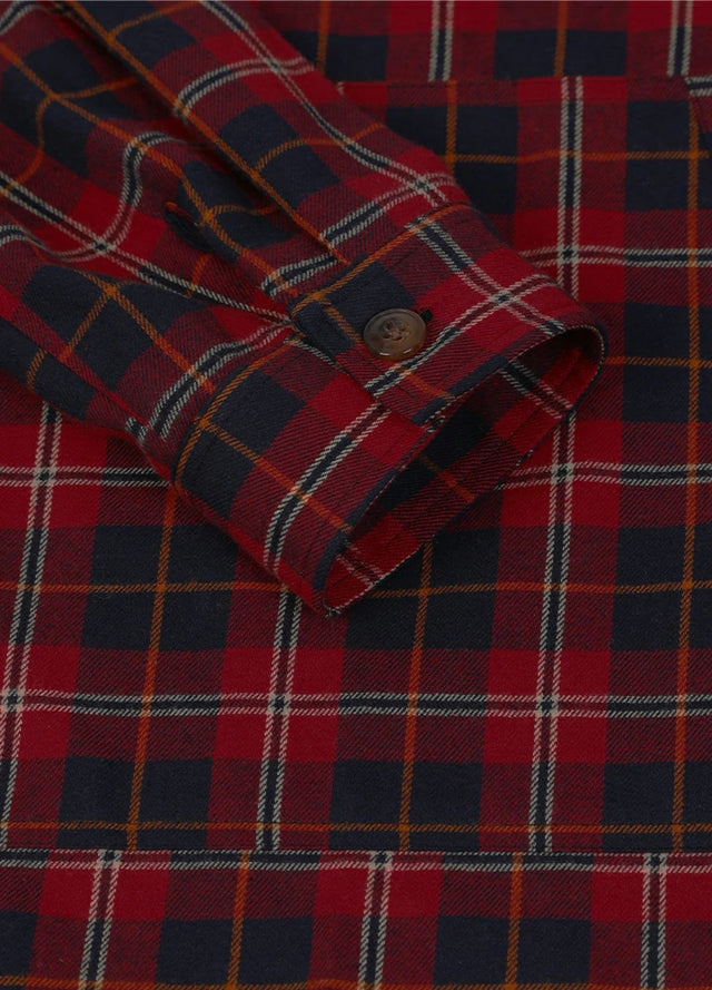 Detail view of the cuff of a red navy women's quarter zip flannel shirt