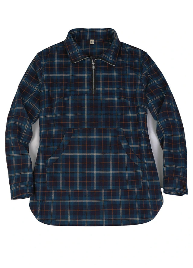 Front view of a women's blue navy casual quarter zip flannel shirt
