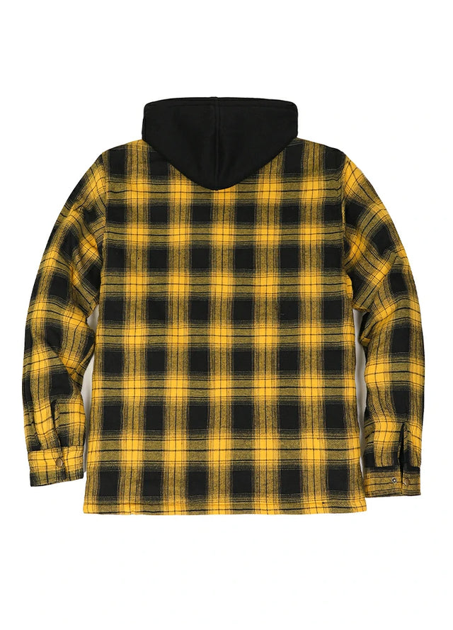 Back view of yellow and black men's quilted lined brushed flannel jacket with hood