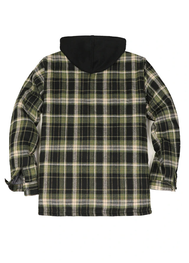Back view of green and black men's quilted lined brushed flannel jacket with hood