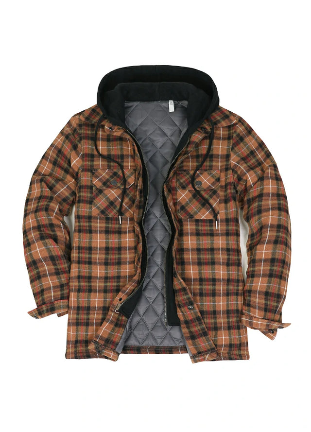 Front view of coffee and red men's quilted lined brushed flannel hooded