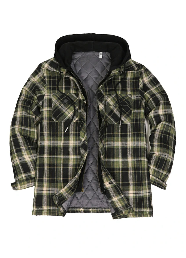 Front view of green and black men's quilted lined brushed flannel plaid hooded