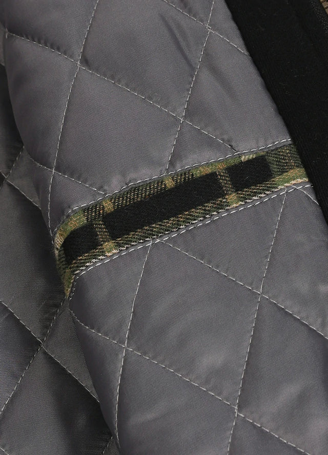 Close-up of the inner pocket of green and black men's quilted lined brushed cotton flannel jacket