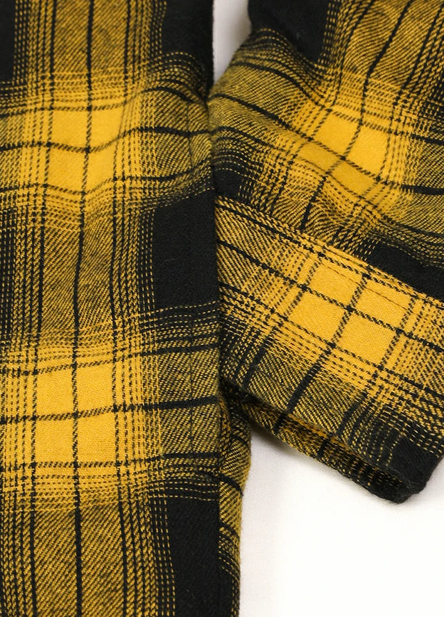 Close-up of the seam pocket of yellow black men's quilted lined brushed flannel jacket
