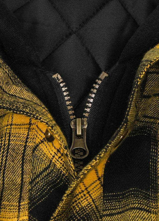 Close-up of the zipper of yellow black men's quilted lined flannel hooded