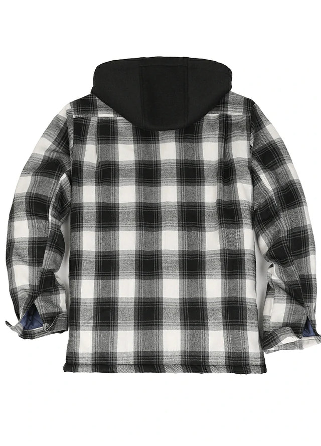 Back view of the black white men's outdoor button up hooded jacket
