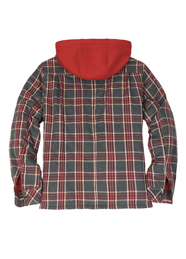 Back view of the red gray men's button up plaid hooded jacket