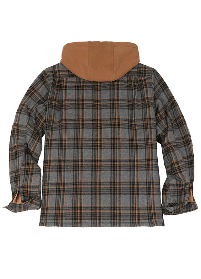 Back view of the gray yellow men's warm quilted lined plaid hooded jacket