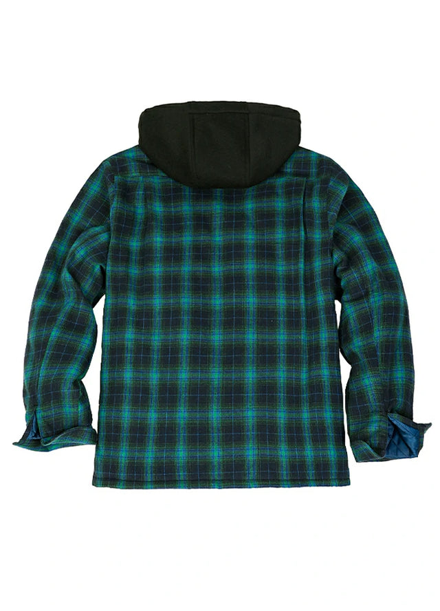 Back view of the Navy and Green cozy quilted lined plaid hooded jacket for men