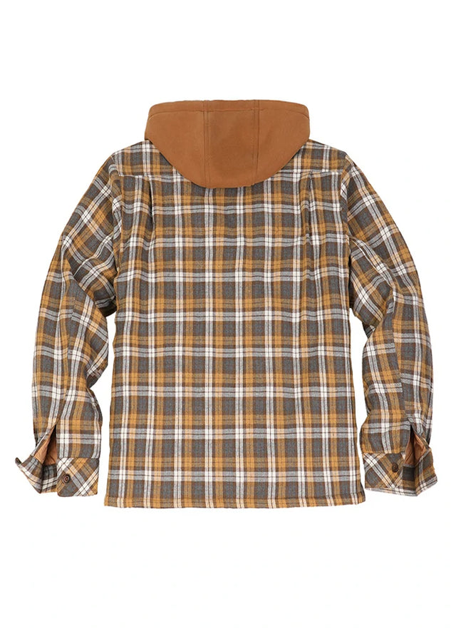 Back view of the yellow white men's quilted lined plaid hooded jacket