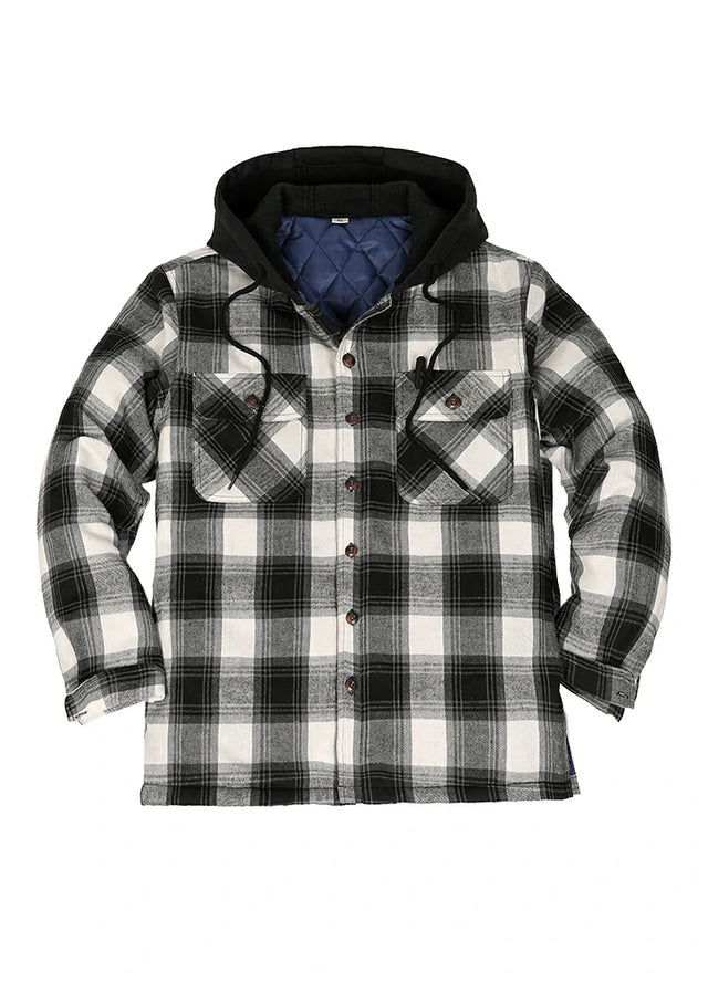 Front view of the black white men's outdoor button up hooded jacket