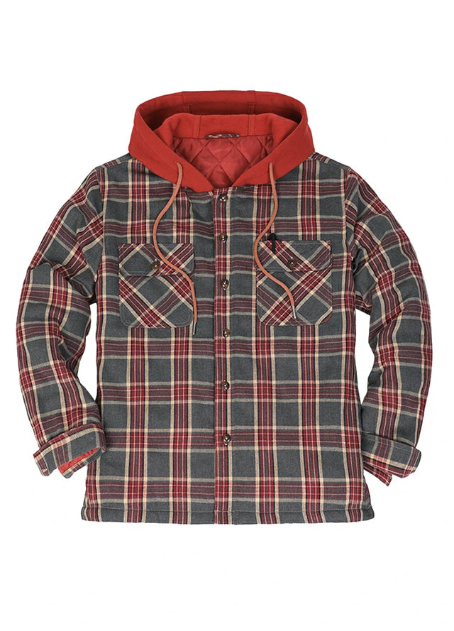 Front view of the red gray men's button up plaid hooded jacket