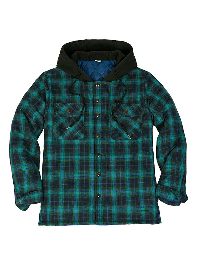 Front view of the Navy and Green cozy quilted lined plaid hooded jacket for men