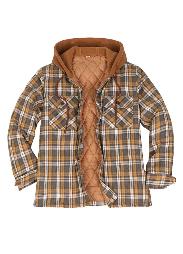 Front view of the yellow white men's quilted lined plaid hooded jacket