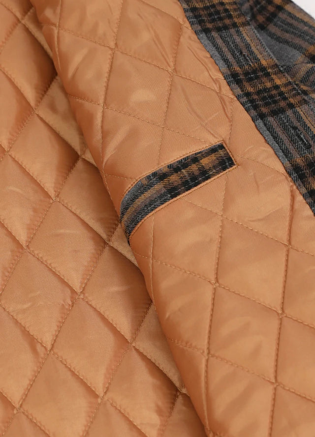 Close-up of the inner pocket of the gray yellow men's warm quilted lined plaid hooded jacket