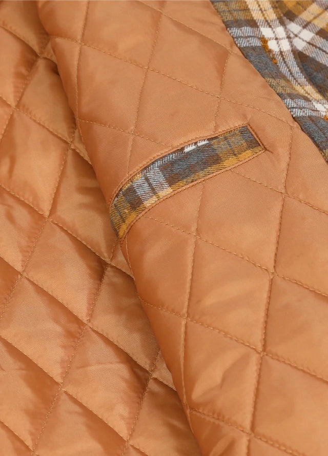 Close-up of the inner pocket of the yellow white men's quilted lined plaid hooded jacket