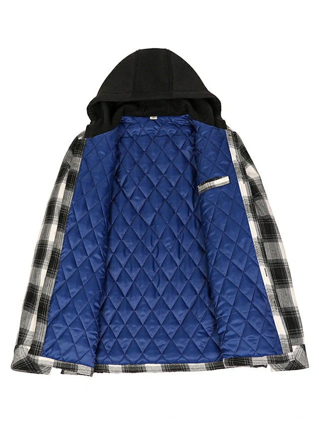 Front view of the lining of the black white men's outdoor button up hooded jacket