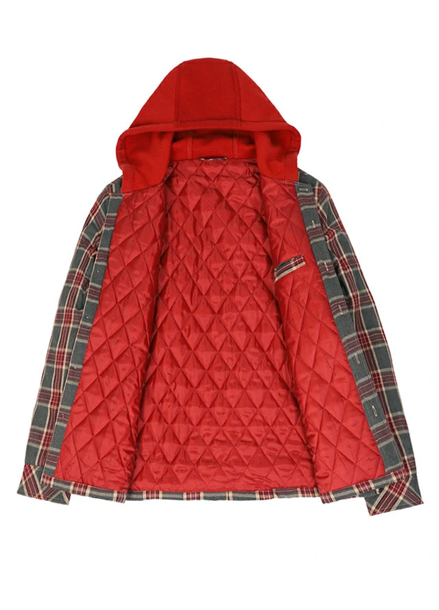 Front view of the lining of the red gray men's button up plaid hooded jacket