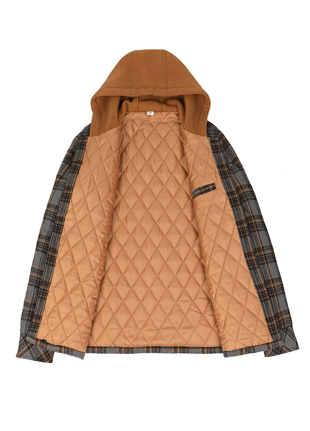 Front view of the lining of the gray yellow men's warm quilted lined plaid hooded jacket