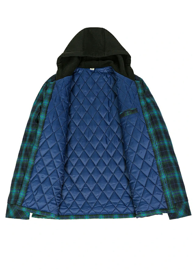 Front view of the lining of the Navy and Green cozy quilted lined plaid hooded jacket for men