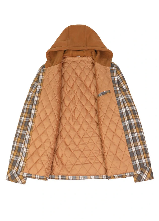 Front view of the lining of the yellow white men's quilted lined plaid hooded jacket