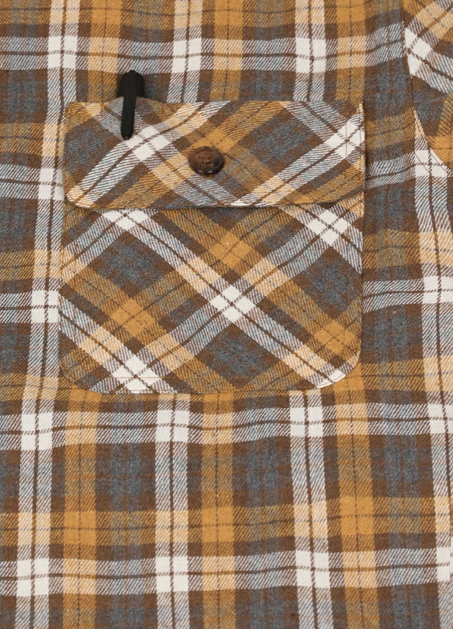 Close-up of the pocket of the yellow white men's quilted lined plaid hooded jacket