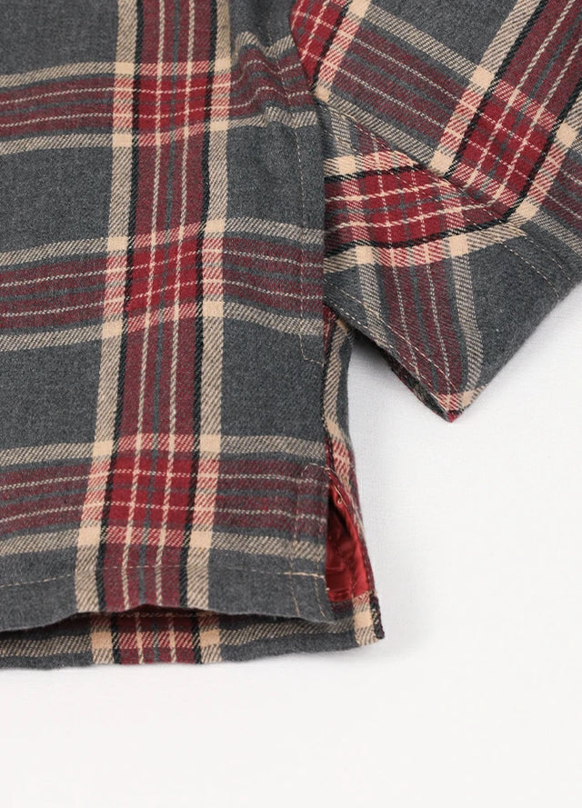 Close-up of the hand pocket of a red gray men's button up plaid hooded jacket