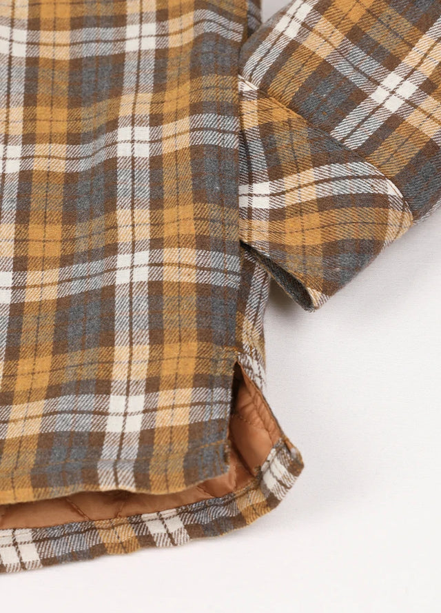 Close-up of the hand pocket of a yellow white men's quilted lined plaid hooded jacket