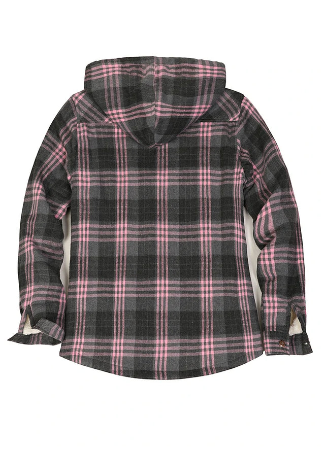 Back view of a women's winter warm gray plaid jacket with hood