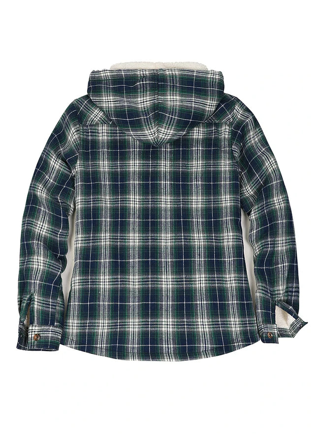 Back view of a women's winter warm dark green plaid jacket with hood